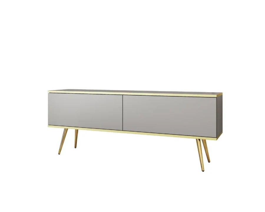 Elegantes graues TV-Lowboard mit goldenen Akzenten und goldenen Füßen auf weißem Hintergrund.