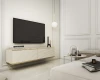 Stilvolle beige TV-Konsole wandhängend im modern eingerichteten Wohnzimmer mit TV und Deko.