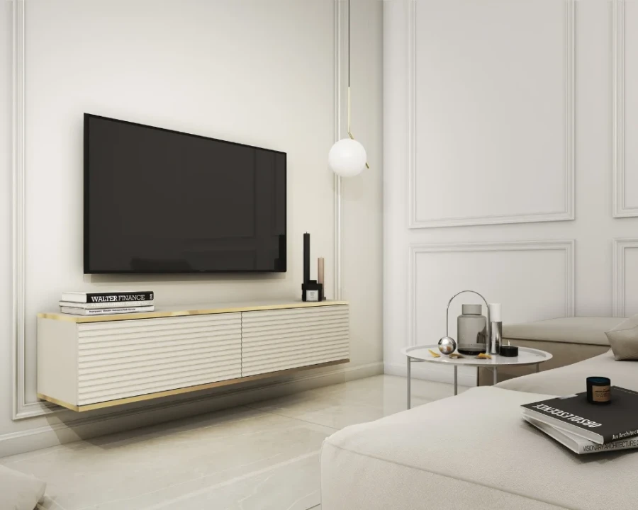Stilvolle beige TV-Konsole wandhängend im modern eingerichteten Wohnzimmer mit TV und Deko.