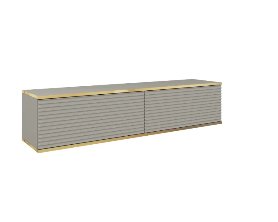 Graues TV Lowboard mit goldener Umrandung und eleganter geriffelter Frontoptik.