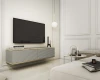 Graues schwebendes TV-Board mit Goldakzenten unter Fernseher in modernem Wohnzimmer.