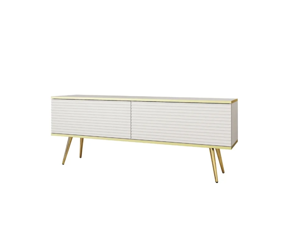 Weißes TV-Board mit goldenen Beinen und Rillenfront vor weißem Hintergrund.