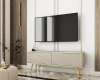 Luxuriöses beiges TV-Möbel mit goldenen Akzenten und Beinen im modernen Wohnzimmer.