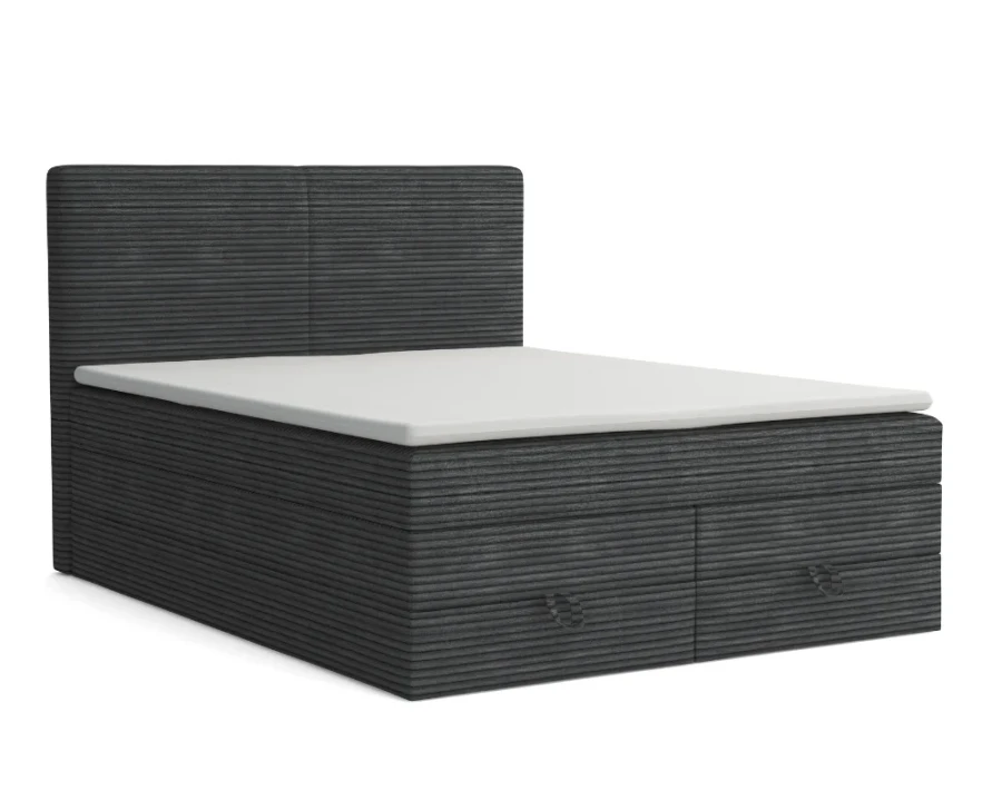 Graues Boxspringbett aus Cord-Stoff mit integrierten Schubladen für Stauraum.