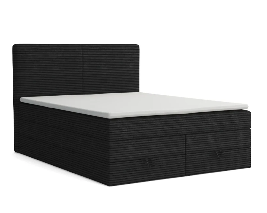 Schwarzes Polsterbett in Cord-Optik mit Bettkasten-Schubladen und Kopfteil.