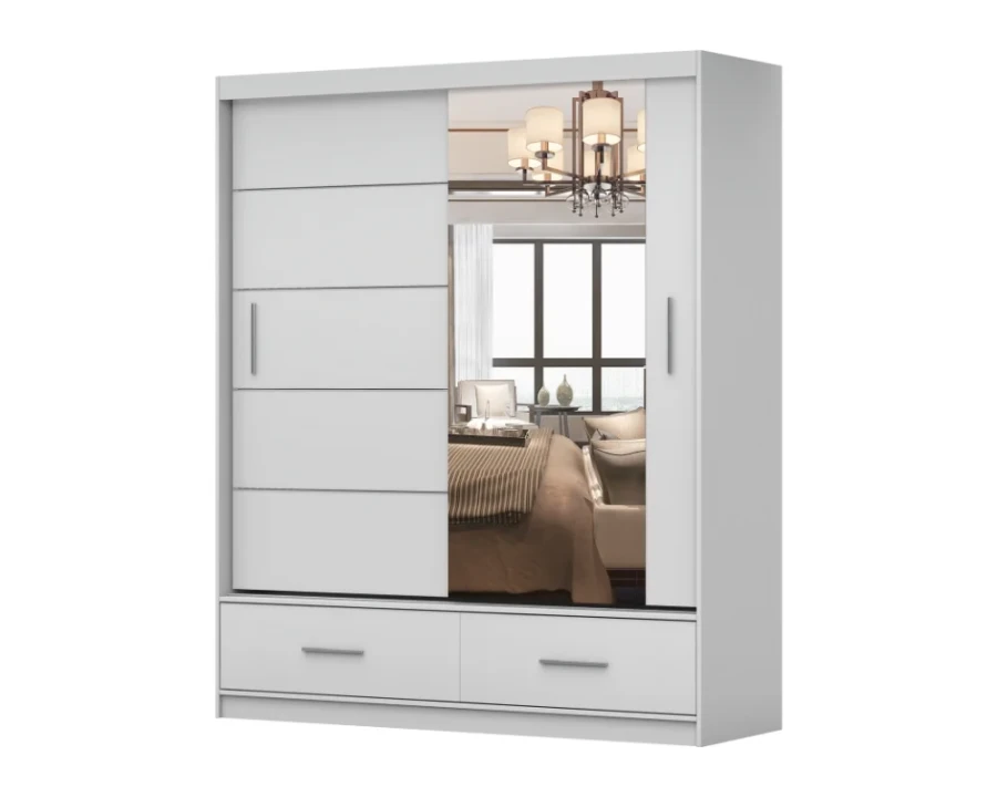Weißer Schwebetürenschrank mit großer Spiegelfront und zwei Schubladen unten.