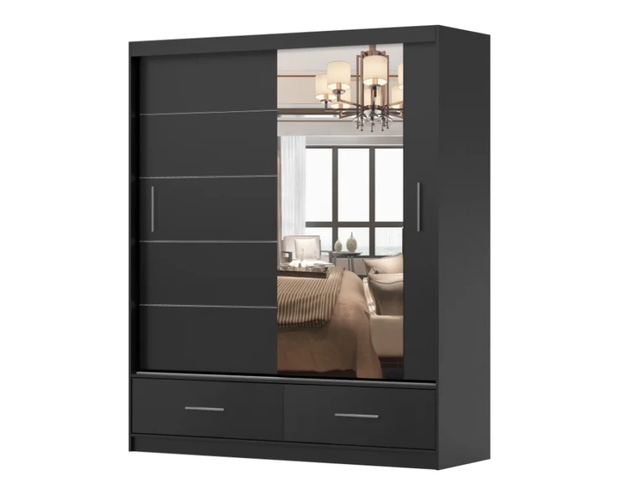 Schwarzer Schwebetürenschrank mit Spiegel und zwei Schubladen, minimalistisch.