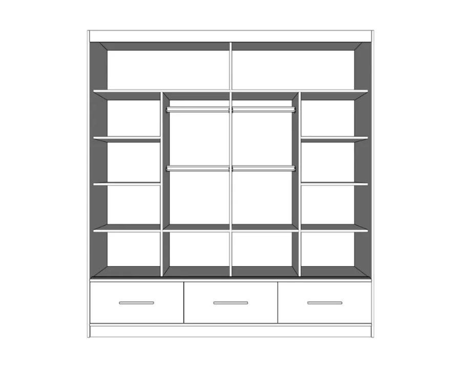 Sketch of the internal layout of a wardrobe with compartments and rails