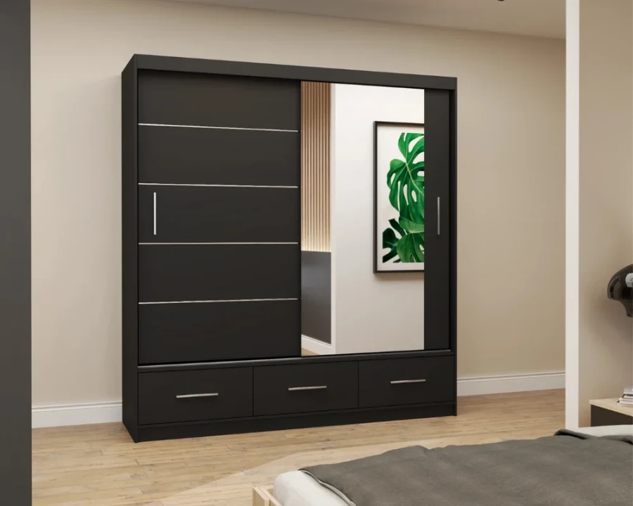 Moderner Kleiderschrank in Anthrazit mit Schiebetüren und Spiegel für das Schlafzimmer.