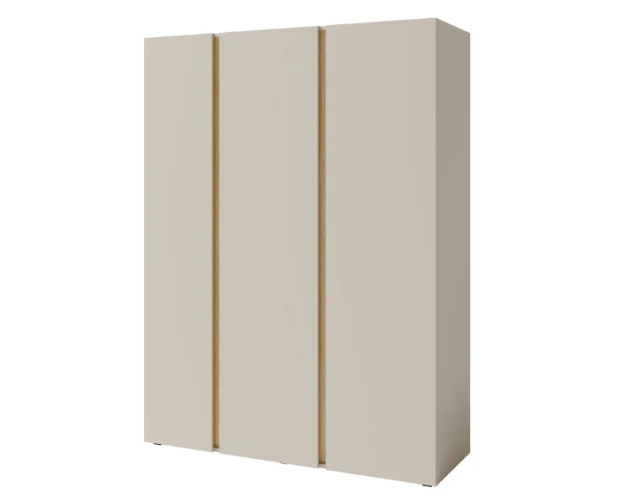 Beiger dreitüriger Kleiderschrank mit vertikalen Holz-Akzenten im modernen Design.