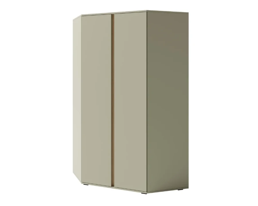 Moderner Eckkleiderschrank in Beige mit Holzdetails, LIBU Kollektion.