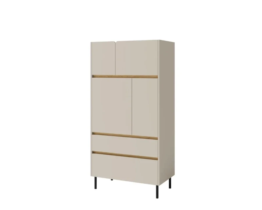 Beiges Highboard mit zwei Schubladen und vier Türen auf schwarzen Metallfüßen.