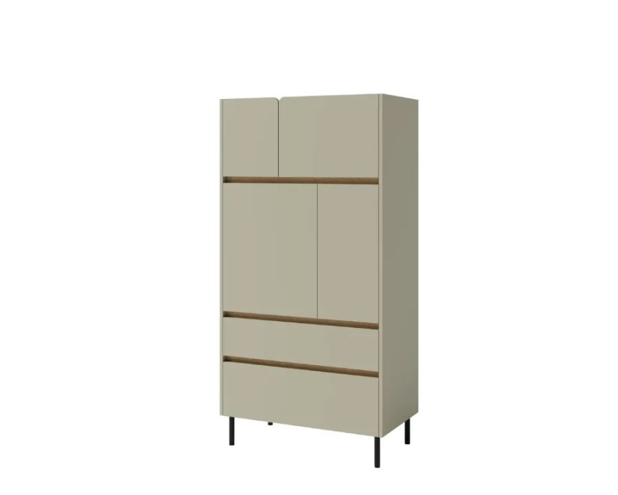 Modernes Highboard in Beige mit Eiche-Details und schwarzen Beinen für zeitloses Wohndesign.
