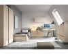 Modernes Zimmer in Nude mit Bett, Kleiderschrank und Schreibtisch-Set.