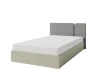 Minimalistisches Bettgestell in Beige mit grauem gepolsterten Kopfteil für ein modernes Schlafzimmer.