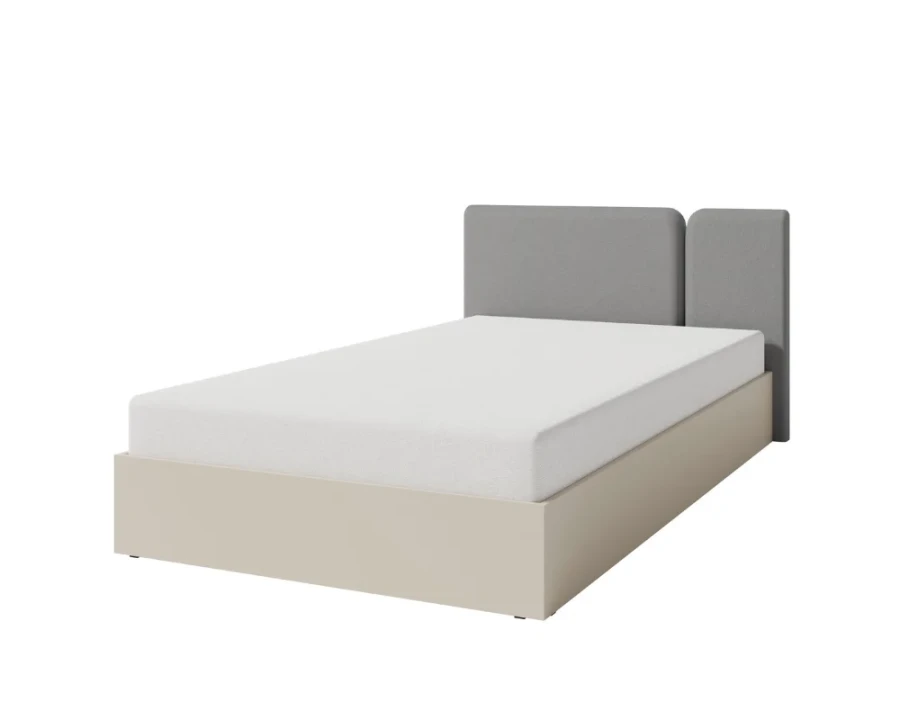 Modern double bed in beige with grey upholstered, two-part headboard.