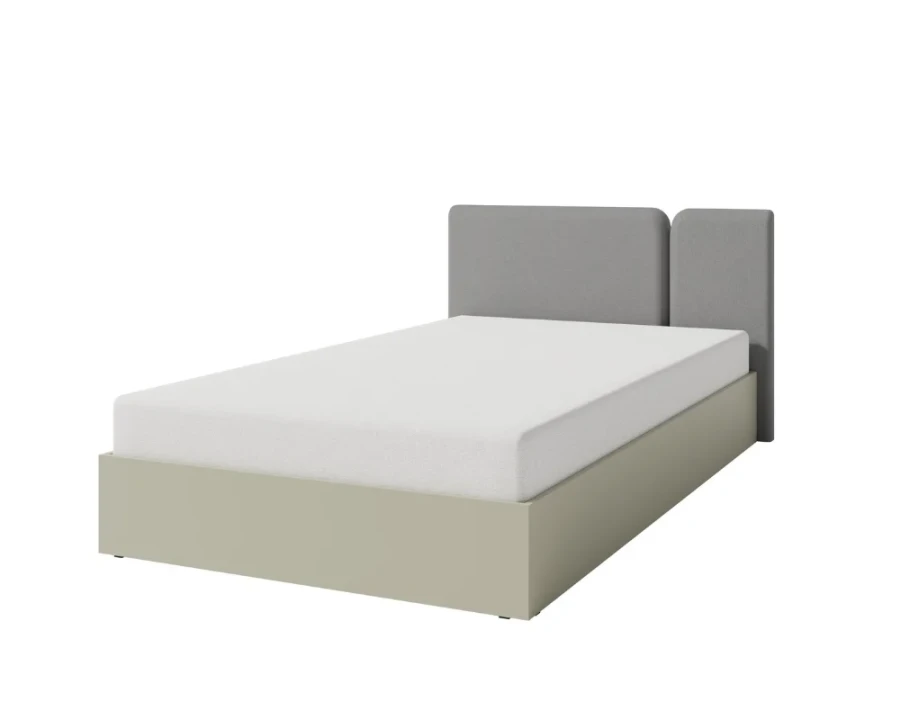 Stilvolles Bett in Grüngrau mit gepolstertem Kopfteil und weißer Matratze.