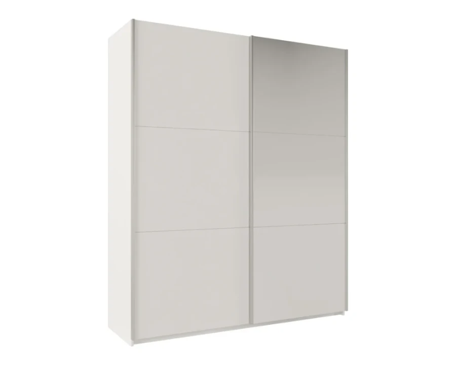Schwebetürenschrank in Weiß und Hellgrau, moderner Kleiderschrank für das Schlafzimmer.