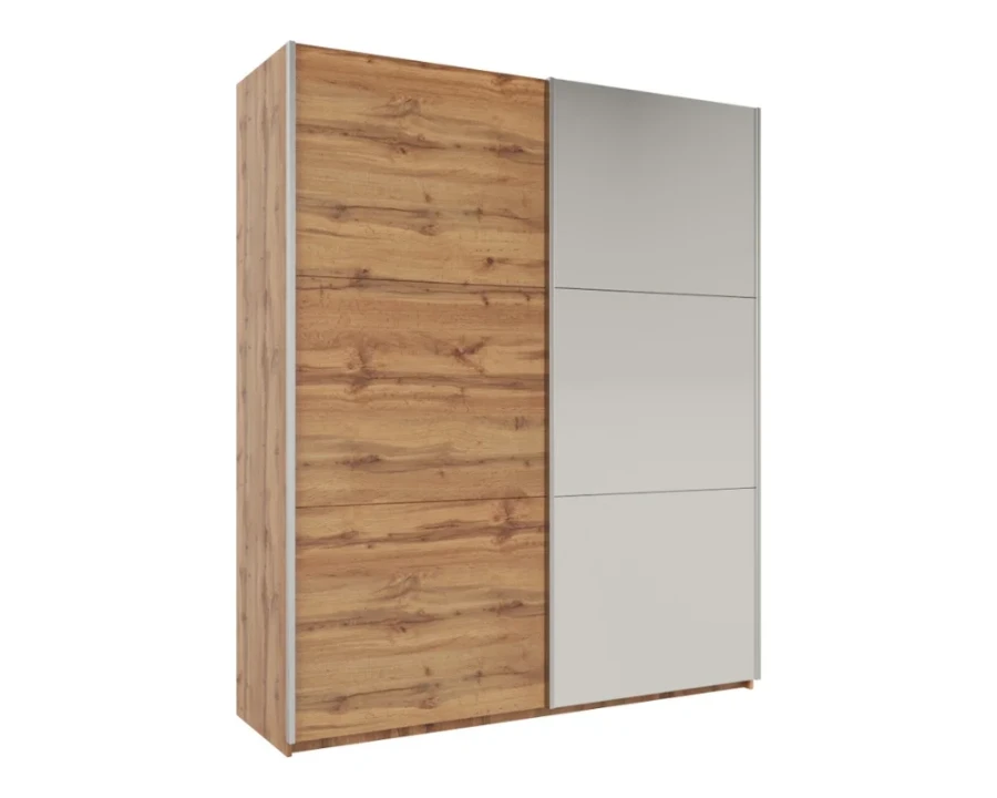 Moderner Schwebetürenschrank in Eichenholz-Optik und Grau mit zwei Schiebetüren.