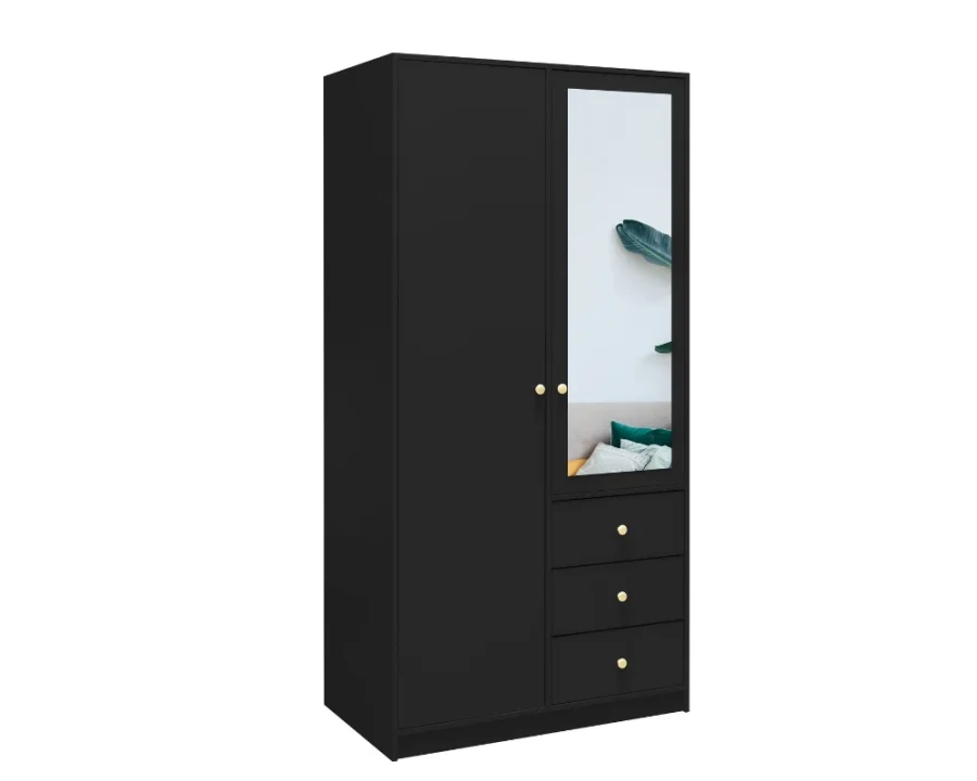 Moderner schwarzer Kleiderschrank mit Spiegeltür und drei Schubladen im schlichten Design.
