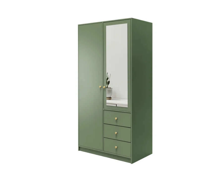 Grüner Kleiderschrank mit Spiegel und drei Schubladen sowie goldenen Griffen.