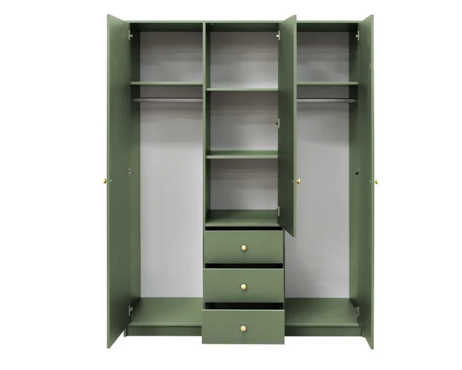 Grüner Kleiderschrank mit 3 Türen offen, Einteilung mit Kleiderstangen und Schubladen sichtbar.