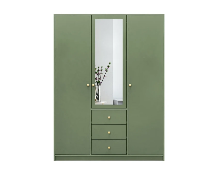 Grüner Kleiderschrank 3-türig mit Spiegel und Schubladen, Frontalansicht für das Schlafzimmer.