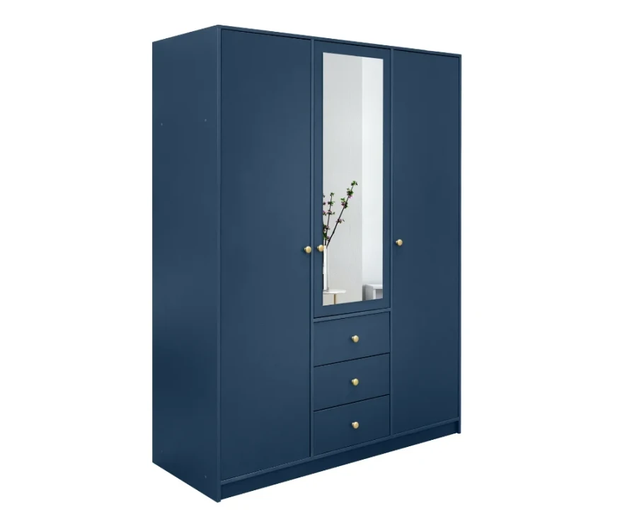 Dunkelblauer Kleiderschrank mit 3 Türen, Spiegel und Schubladen, moderne Optik für das Schlafzimmer.