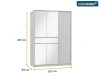 Maßangaben für den Kleiderschrank: 217 cm Höhe, 157 cm Breite und 65 cm Tiefe.