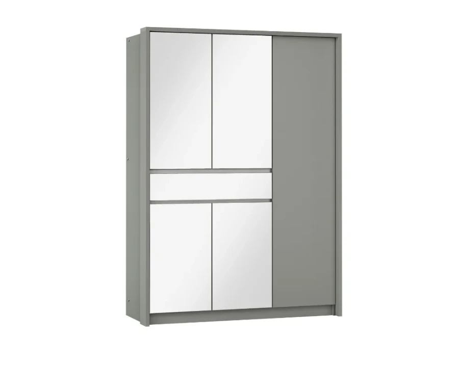 Stilvoller grauer Schwebetürenschrank mit Spiegelfronten in moderner Optik.