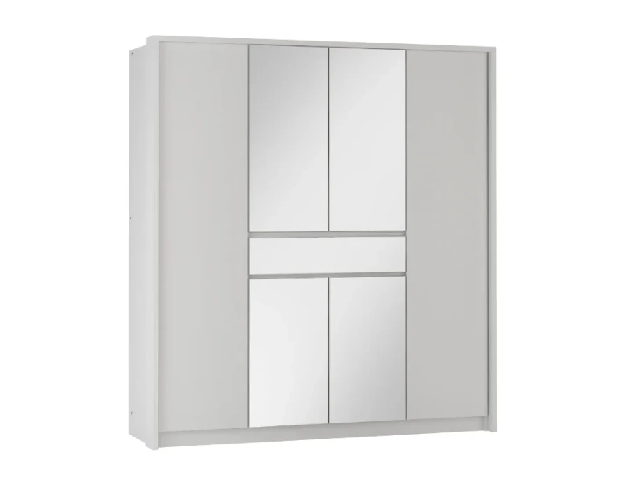 Moderner weißer Kleiderschrank mit Spiegeltüren auf weißem Hintergrund