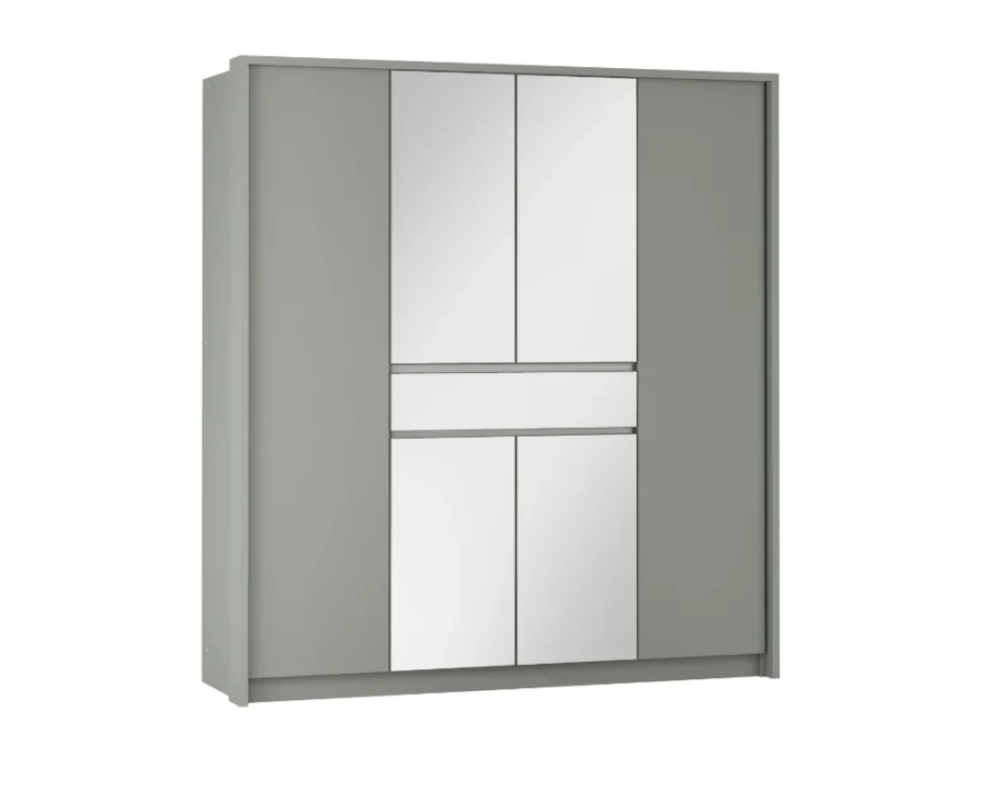 Dunkelgrauer Schwebetürenschrank mit großen Spiegelflächen in moderner Optik