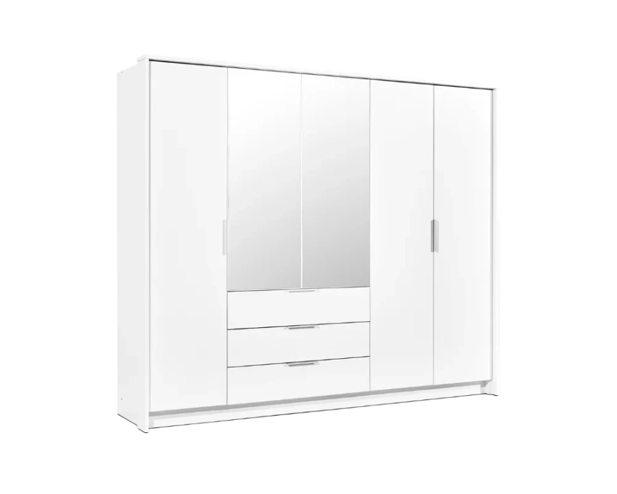 Großer weißer Kleiderschrank mit zwei zentralen Spiegeltüren und drei Schubladen.