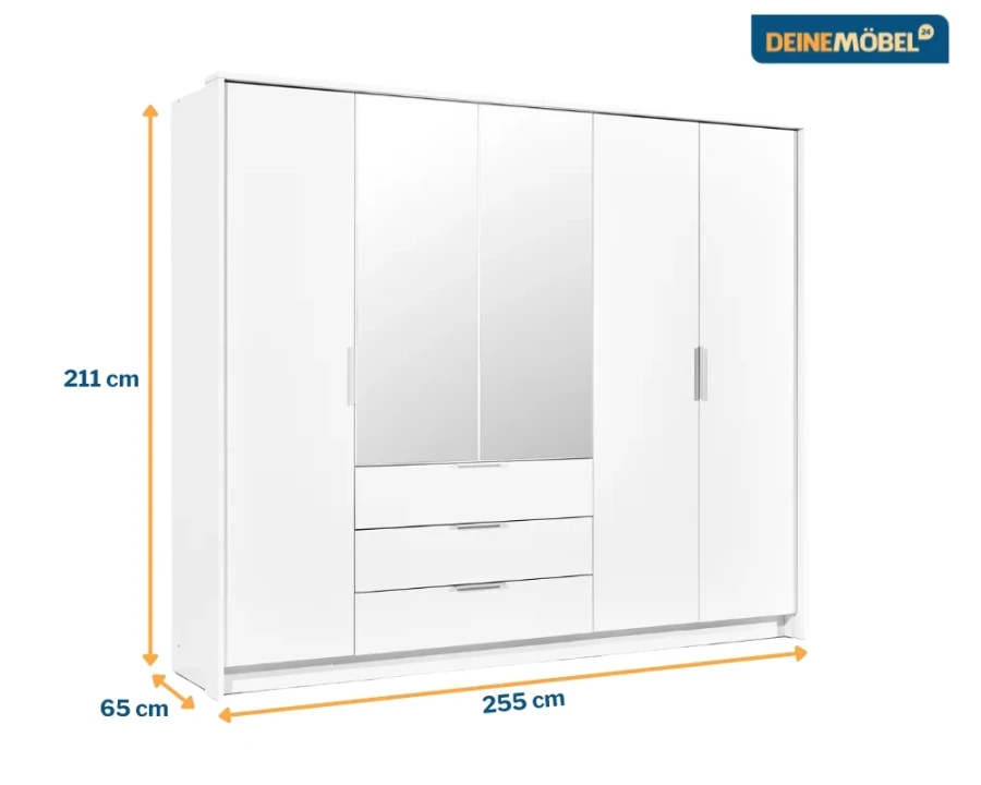 Maßangaben für den Kleiderschrank: 255 cm Breite, 211 cm Höhe und 65 cm Tiefe.