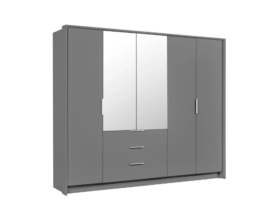 Grauer Kleiderschrank mit 4 Türen, zwei Spiegeltüren und drei Schubladen.