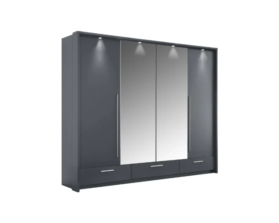 Anthrazitfarbener Kleiderschrank mit integrierter LED-Beleuchtung und großen Spiegelfronten.