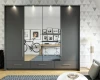 Großer anthrazitfarbener Kleiderschrank mit Spiegeln im modern eingerichteten Schlafzimmer.