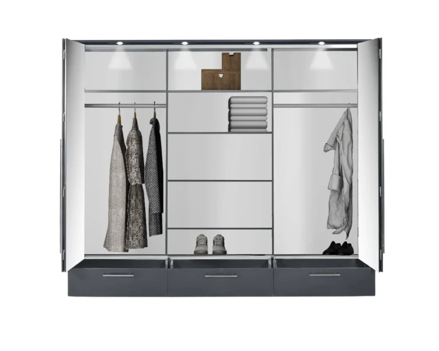 Moderner Kleiderschrank Innenansicht mit Beleuchtung, Kleiderstangen und grauen Schubladen.