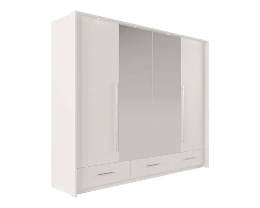 Großer weißer Kleiderschrank mit vier Türen, zwei Spiegeltüren und drei Schubladen.