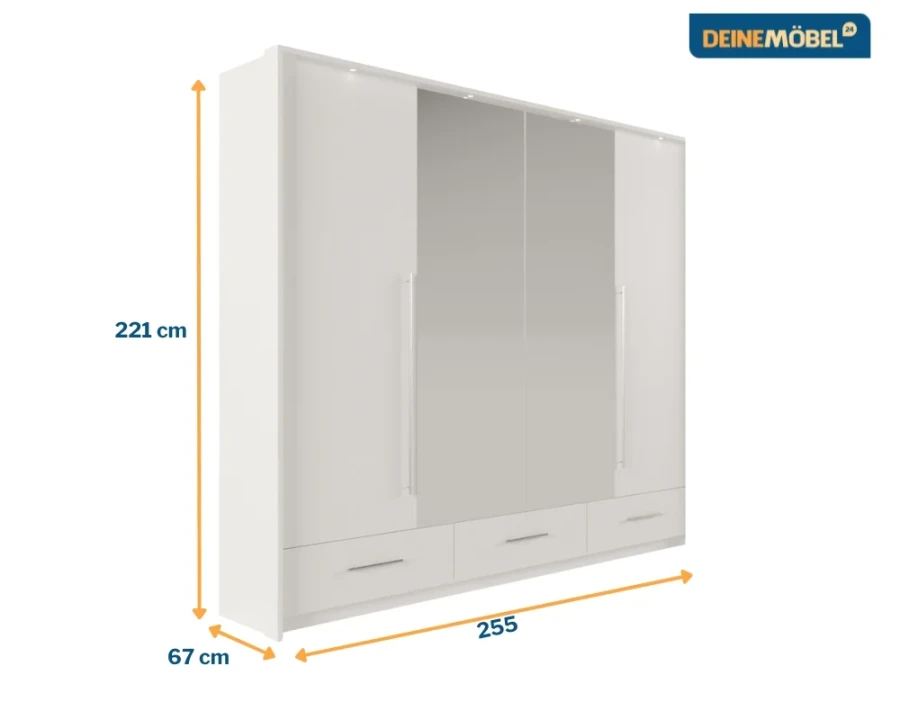 Maße des weißen Kleiderschranks: 255 cm Breite, 221 cm Höhe und 67 cm Tiefe.