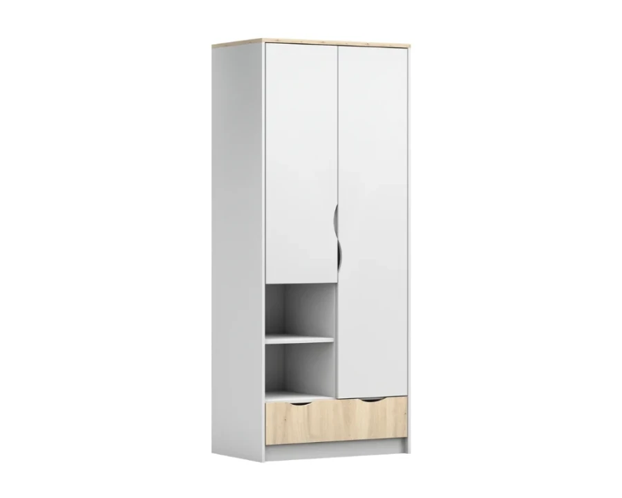 Moderner zweitüriger Kleiderschrank in Weiß und Eiche mit offenen Regalfächern und Schublade.