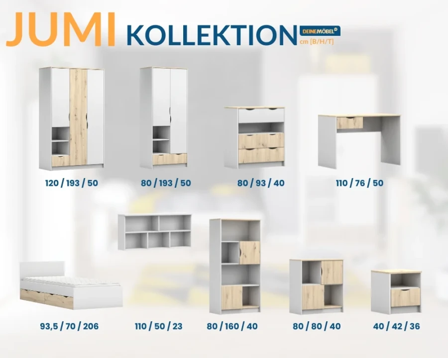 Übersicht der JUMI Möbelkollektion für Jugendzimmer mit Schrank, Bett und Schreibtisch in Weiß und Eiche.