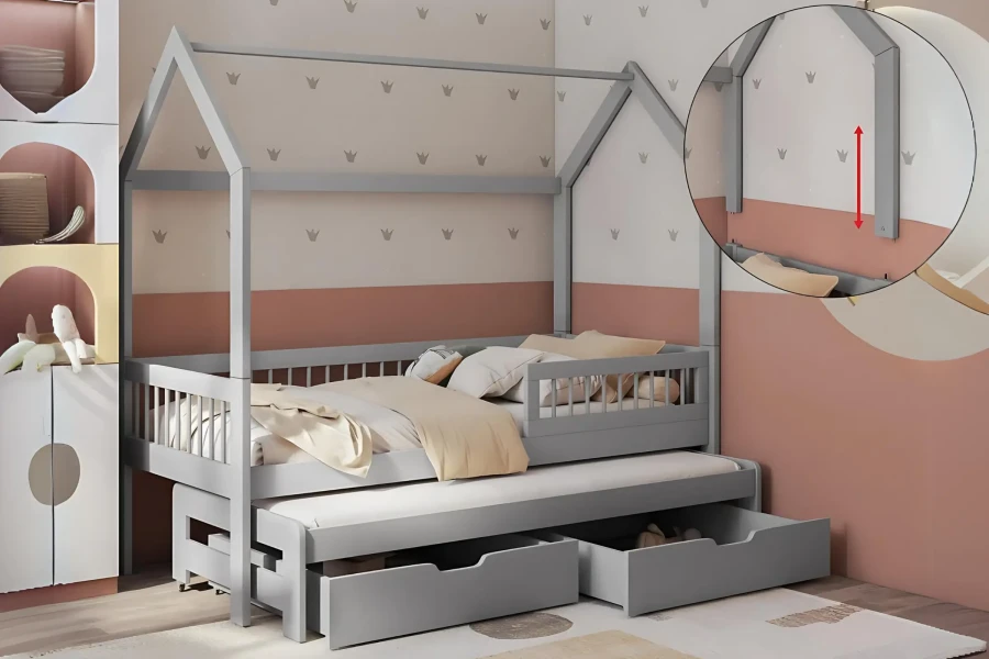 Graues Kinderhausbett mit Ausziehbett, Schubladen und höhenverstellbarem Rahmen.