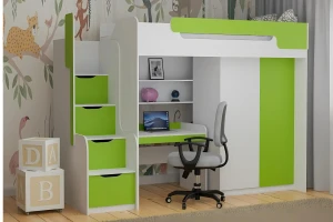 ARTHUR 90x200 Weiß + Grün Hochbett Funktionsbett Etagenbett mit Schreibtisch, Schrank und Treppe Deine Möbel