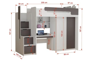 ARTHUR 90x200 Weiß + Blau Hochbett Funktionsbett Etagenbett mit Schreibtisch, Schrank und Treppe Deine Möbel
