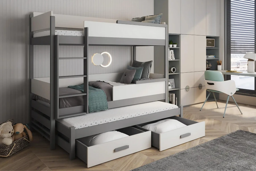 Modernes Etagenbett in Grau-Weiß mit Ausziehbett und zwei Schubladen.
