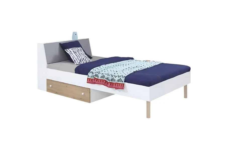 Weißes Jugendbett mit praktischer Schublade in Holzoptik, grauem Kopfteil und blauer Bettwäsche dekoriert.