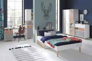 FELIX 14 90x200 Weiß Lux + Eiche Artisan + Grau Kinderbett Jugendbett Einzelbett mit Schublade Deine Möbel