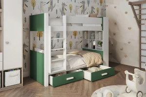 GEORG 90x200 Weiß + Grün Etagenbett für 2 Kinder mit Schubladen Deine Möbel