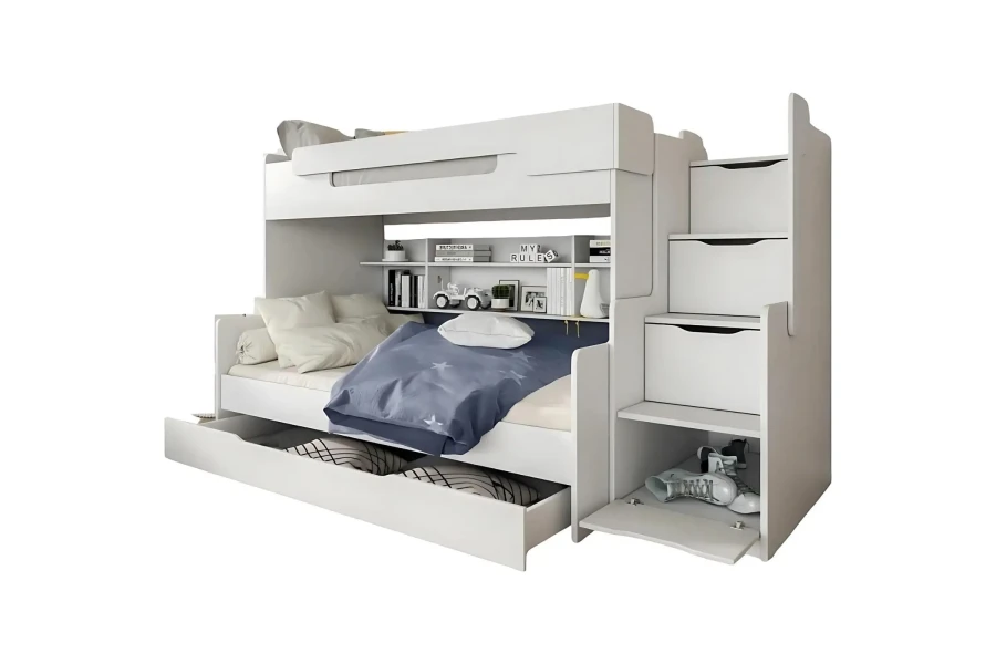 Weißes Hochbett mit Treppe, integrierten Schubladen und praktischem Ausziehbett für Gäste.